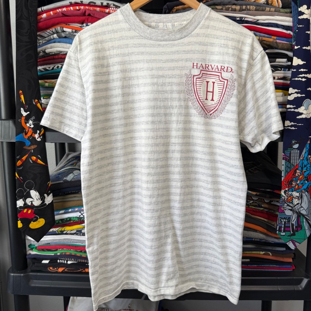 Vintage Grey Striped Harvard University Graphic T-Shirt Large